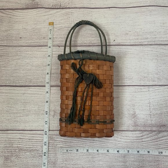 Hanging Wicker Basket with Wooden Heart and Twine Bow Green and Tan 12"H - Picture 8 of 8